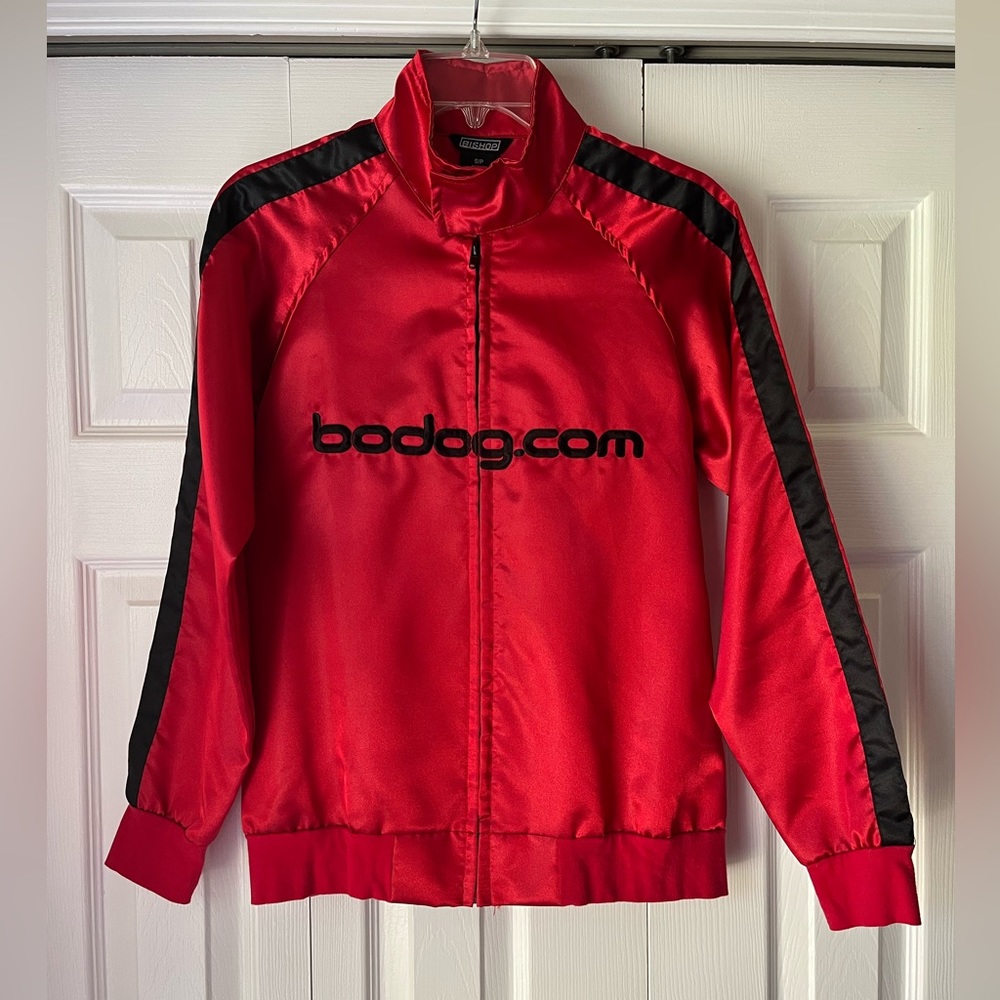 Vintage Bodog.com red satiny zipup jacket w/ black strip down sleeves,size small